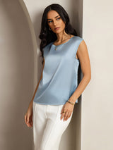 [أزرق رمادي] SilkSilky-SA Cap Sleeve Round Neck تي شيرت نسائية 004
