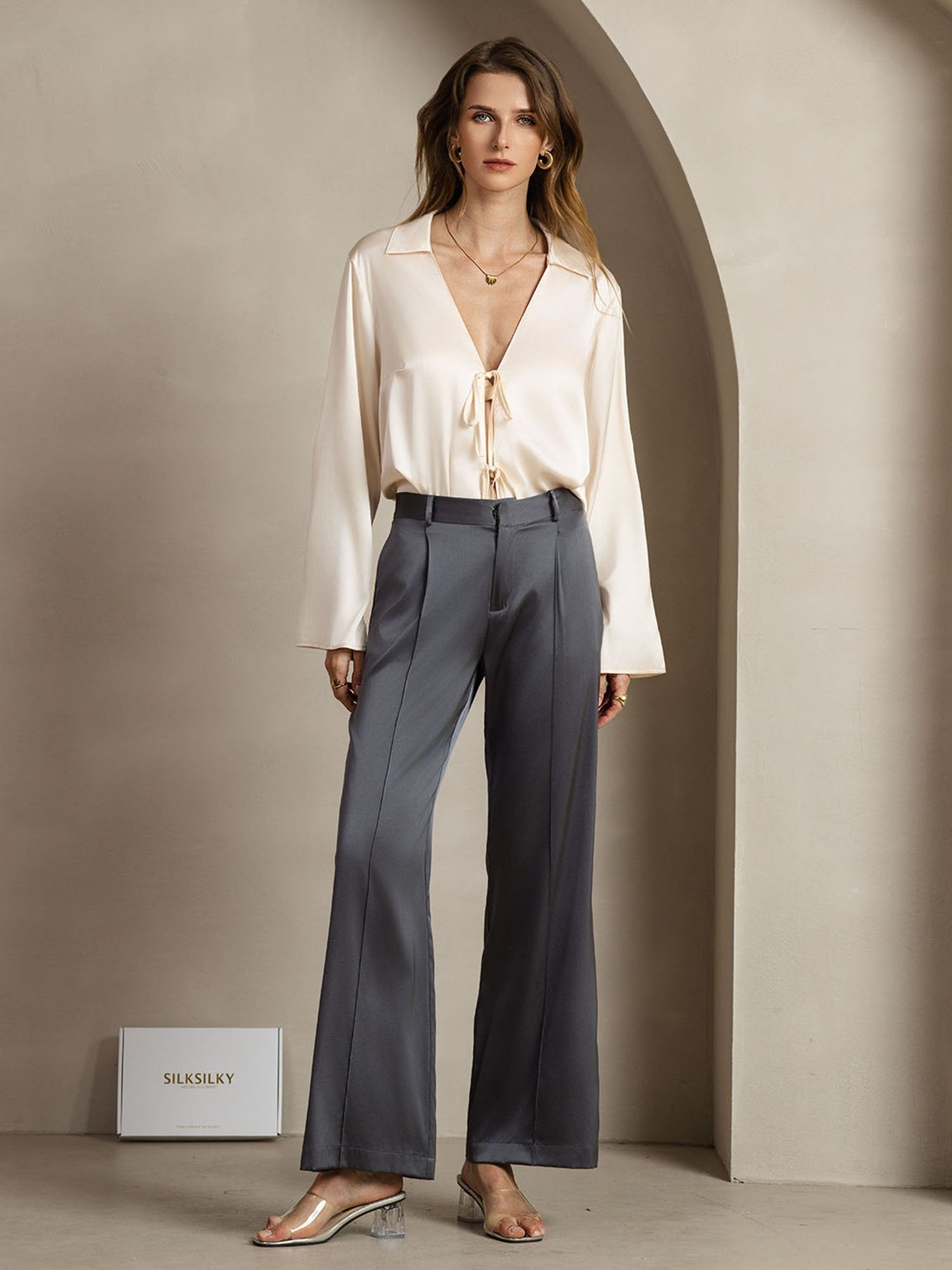 [الرمادي الداكن] SilkSilky-SA 19Momme الحرير Womens Pants 003