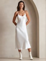 [أبيض] SilkSilky-SA Sleeveless V Neck فساتين نسائية 003