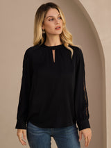 [أسود] SilkSilky-SA Long Sleeve Keyhole Neck بلوزات نسائية 003