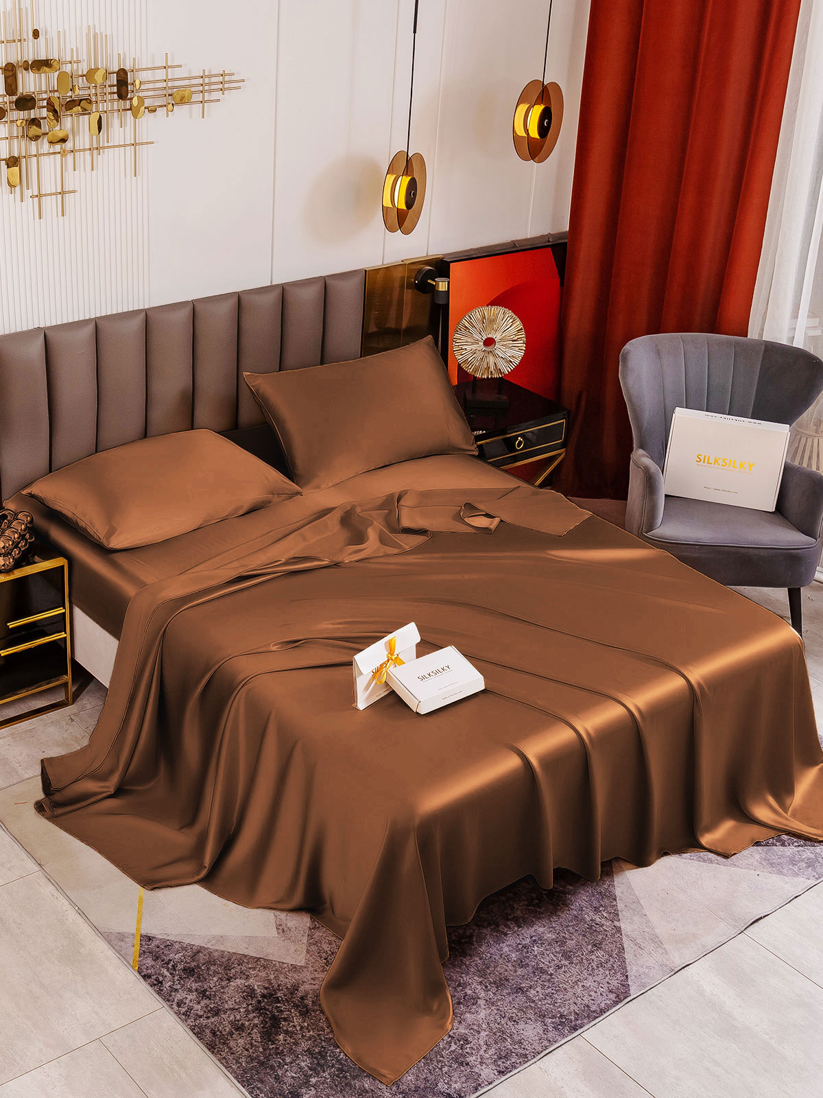 SilkSilky SA 19Momme الحرير الخالص Bedding Set قهوة 001