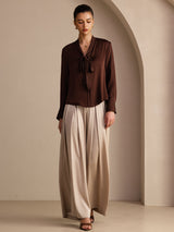 [شوكولاتة داكنة] SilkSilky-SA Long Sleeve Tie Neck بلوزات نسائية 005