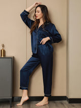 [أزرق غامق] SilkSilky-SA Long Sleeve Lapel Collar طقم بيجامة نسائي 006