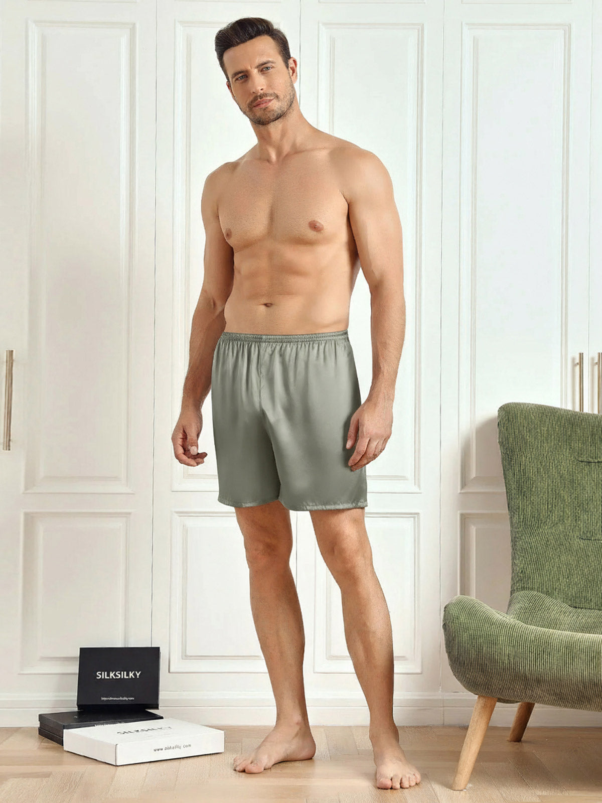 [أخضر رمادي] SilkSilky-SA الحرير الخالص Mens Sleep Bottoms 005