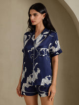 [فهد أزرق داكن] SilkSilky-SA Short Sleeve Notch Collar طقم بيجامة نسائي 003