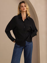 [أسود] SilkSilky-SA Long Sleeve Lapel Collar بلايز نسائية 003