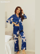 SilkSilky-SA 19Momme الأكمام الطويلة طوق ذو فتحة طقم بيجامة نسائي video 001