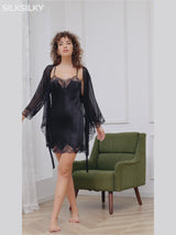 SilkSilky-SA الحرير الخالص أكمام بثلاثة أرباع الأطوال Nightgown&Robe Set-video-001