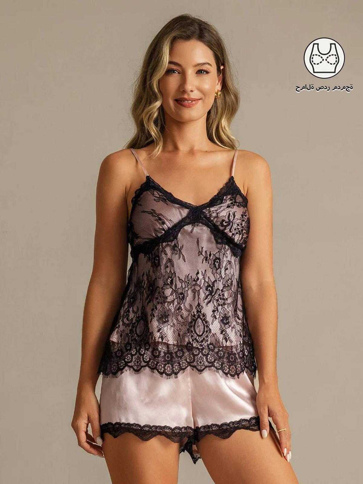 طقم كاميسول من الحرير النقي مع تصميم دانتيل كبير