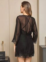 [أسود] SilkSilky-SA الحرير الخالص أكمام بثلاثة أرباع الأطوال Nightgown&Robe Set 003