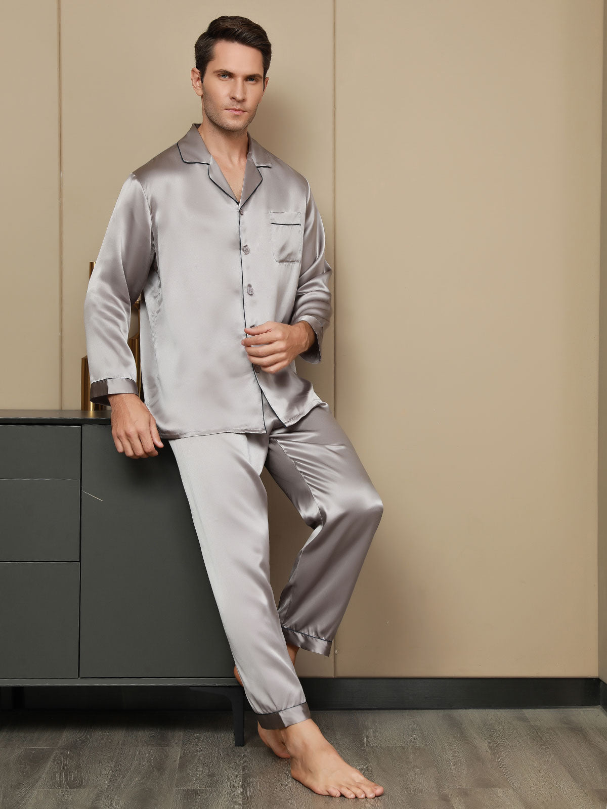 SilkSilky SA Silk Long Sleeve Mens Pajamas رمادي 005