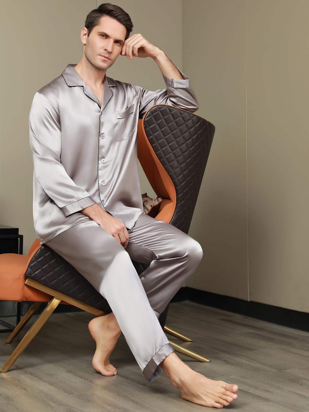 SilkSilky SA Silk Long Sleeve Mens Pajamas رمادي 006