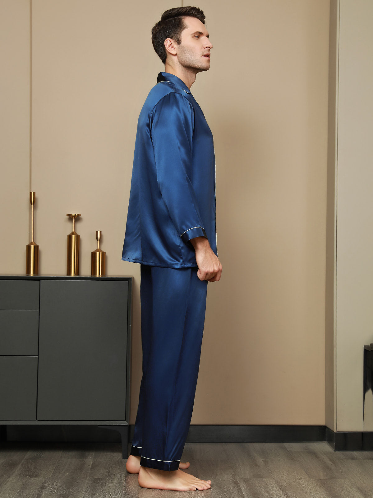 SilkSilky SA Silk Long Sleeve Mens Pajamas أزرقغامق 002