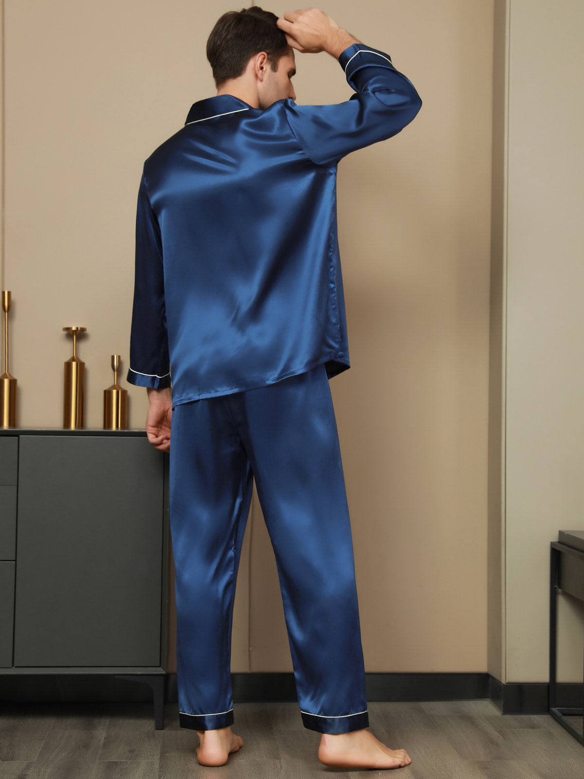 SilkSilky SA Silk Long Sleeve Mens Pajamas أزرقغامق 003