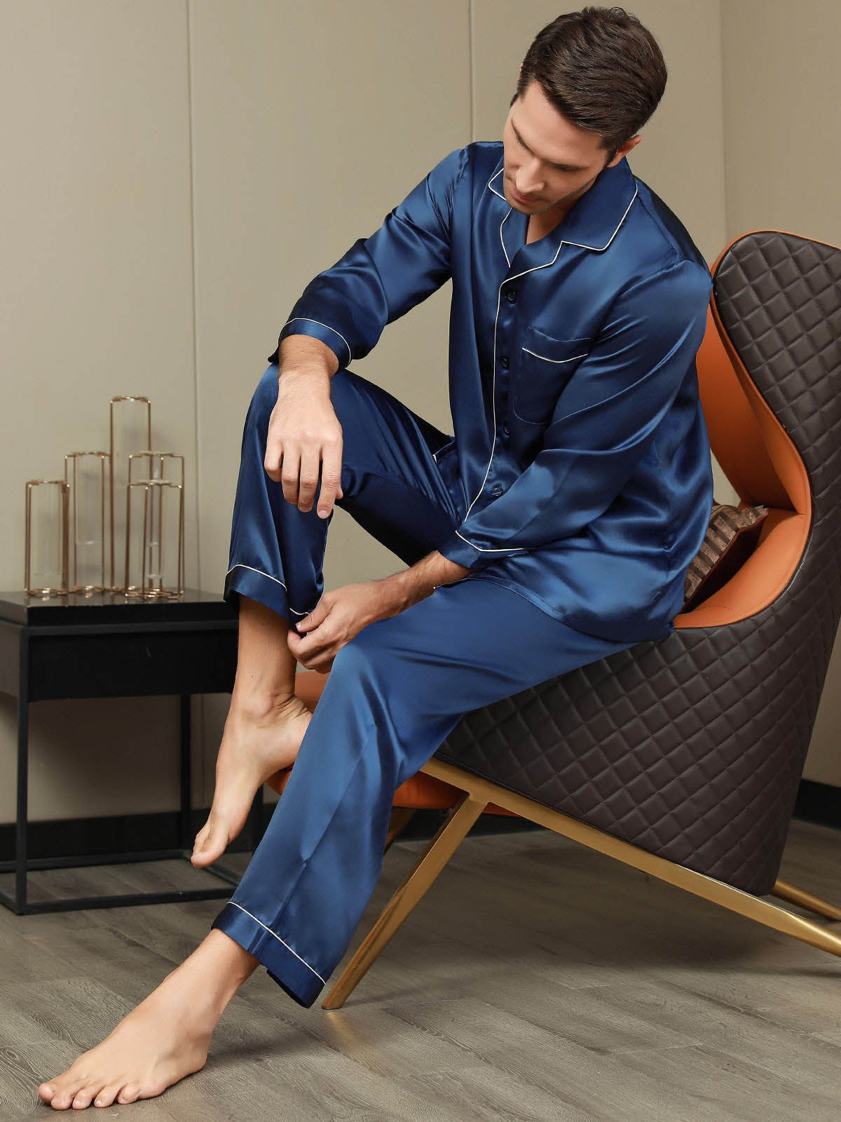 SilkSilky SA Silk Long Sleeve Mens Pajamas أزرقغامق 006