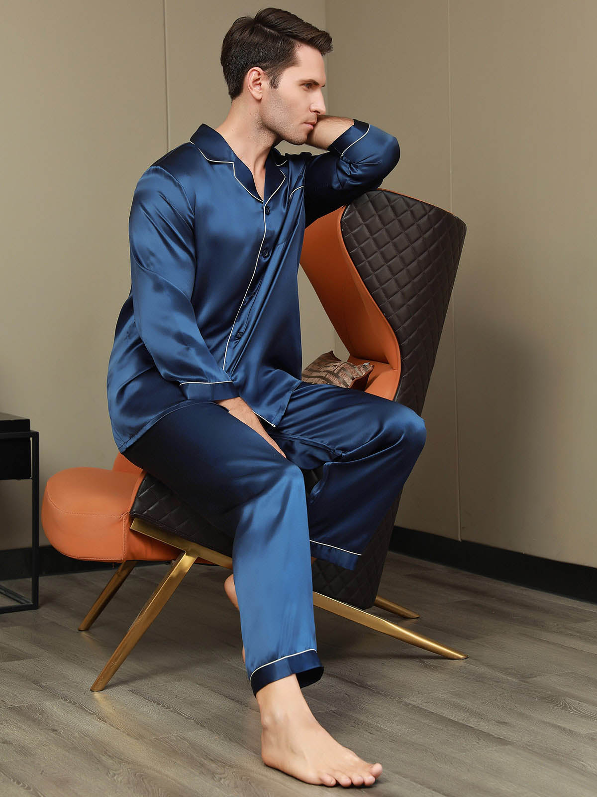 SilkSilky SA Silk Long Sleeve Mens Pajamas أزرقغامق 008