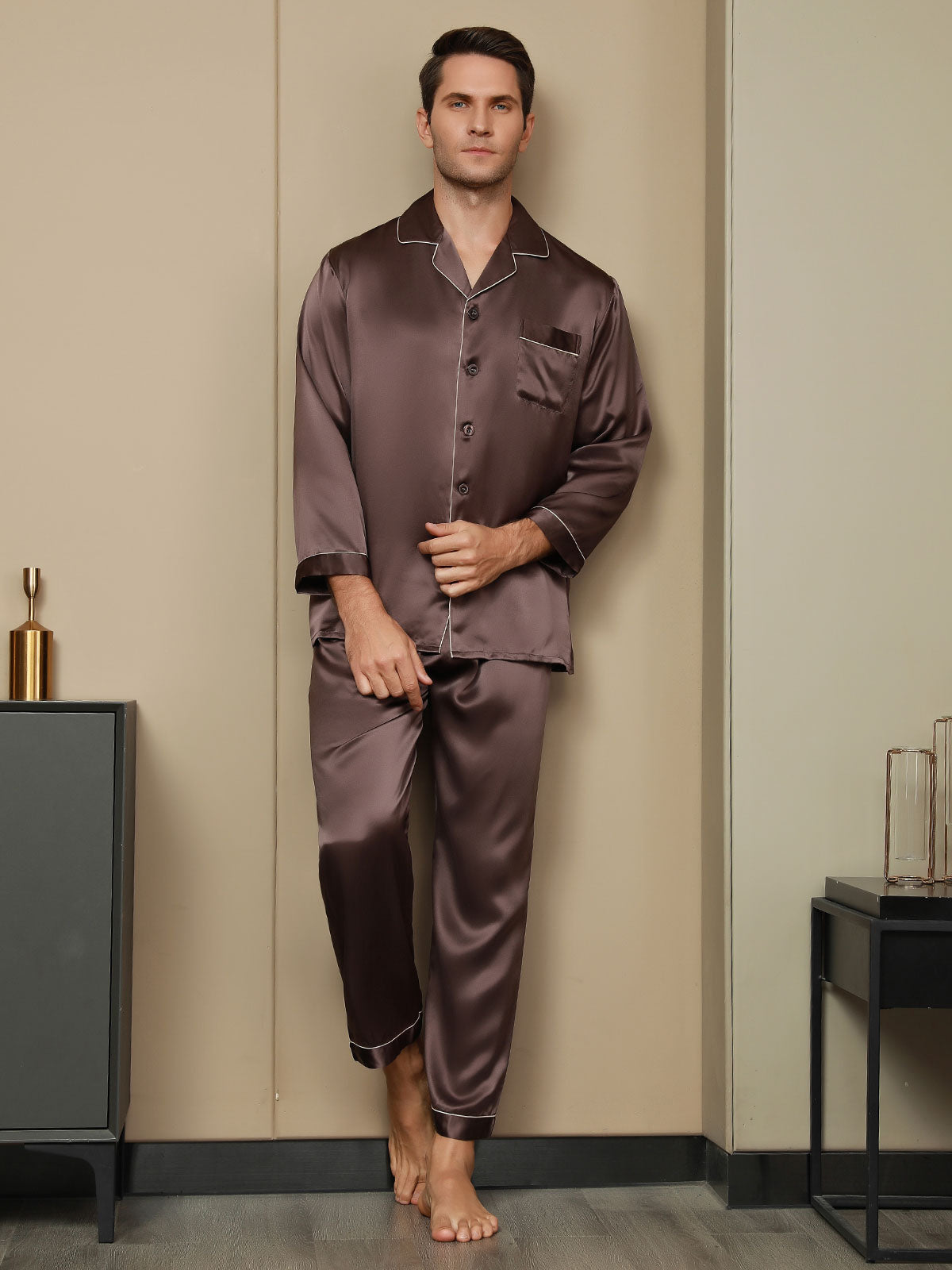 SilkSilky SA Silk Long Sleeve Mens Pajamas قهوة 003