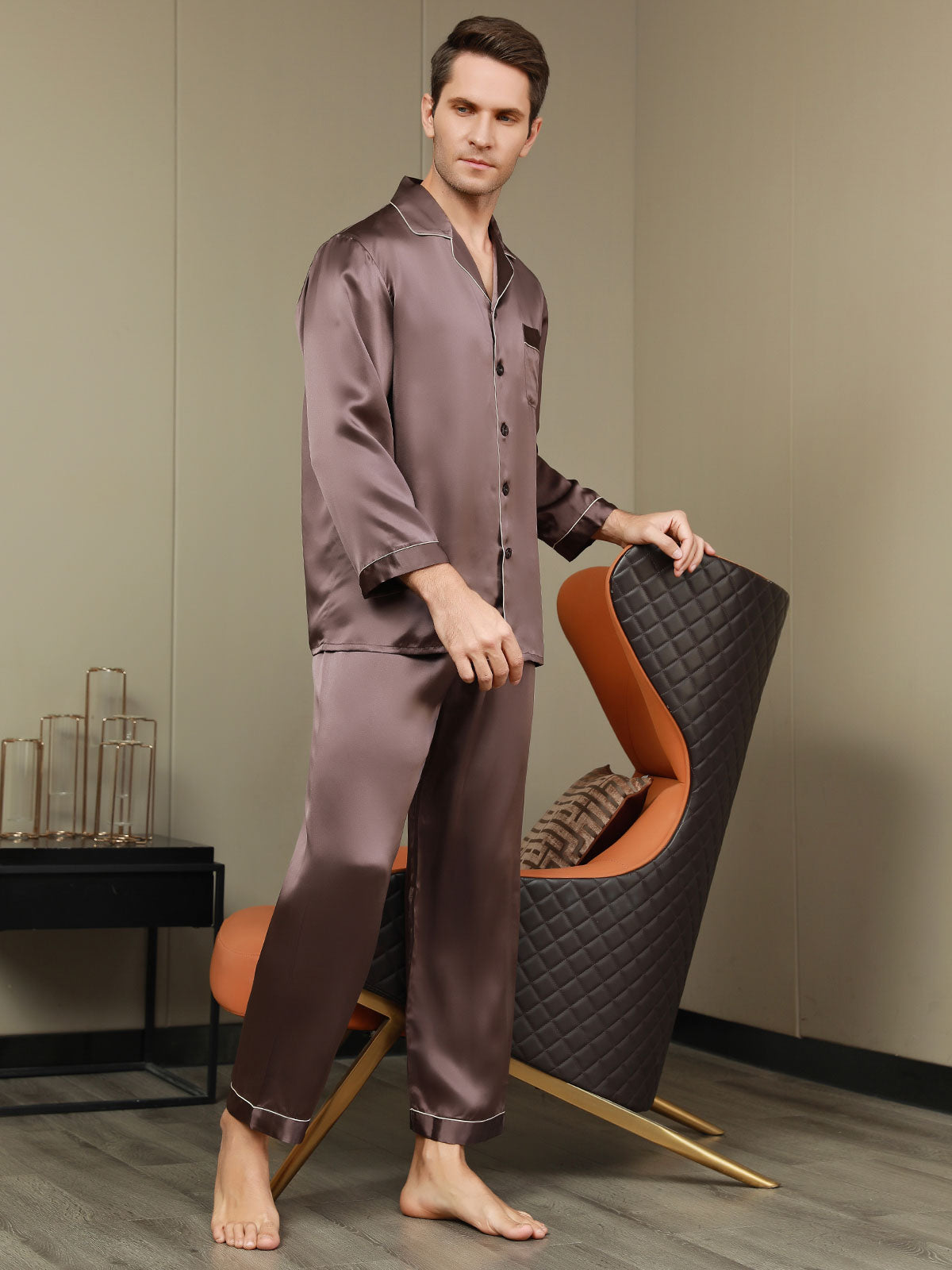 SilkSilky SA Silk Long Sleeve Mens Pajamas قهوة 004