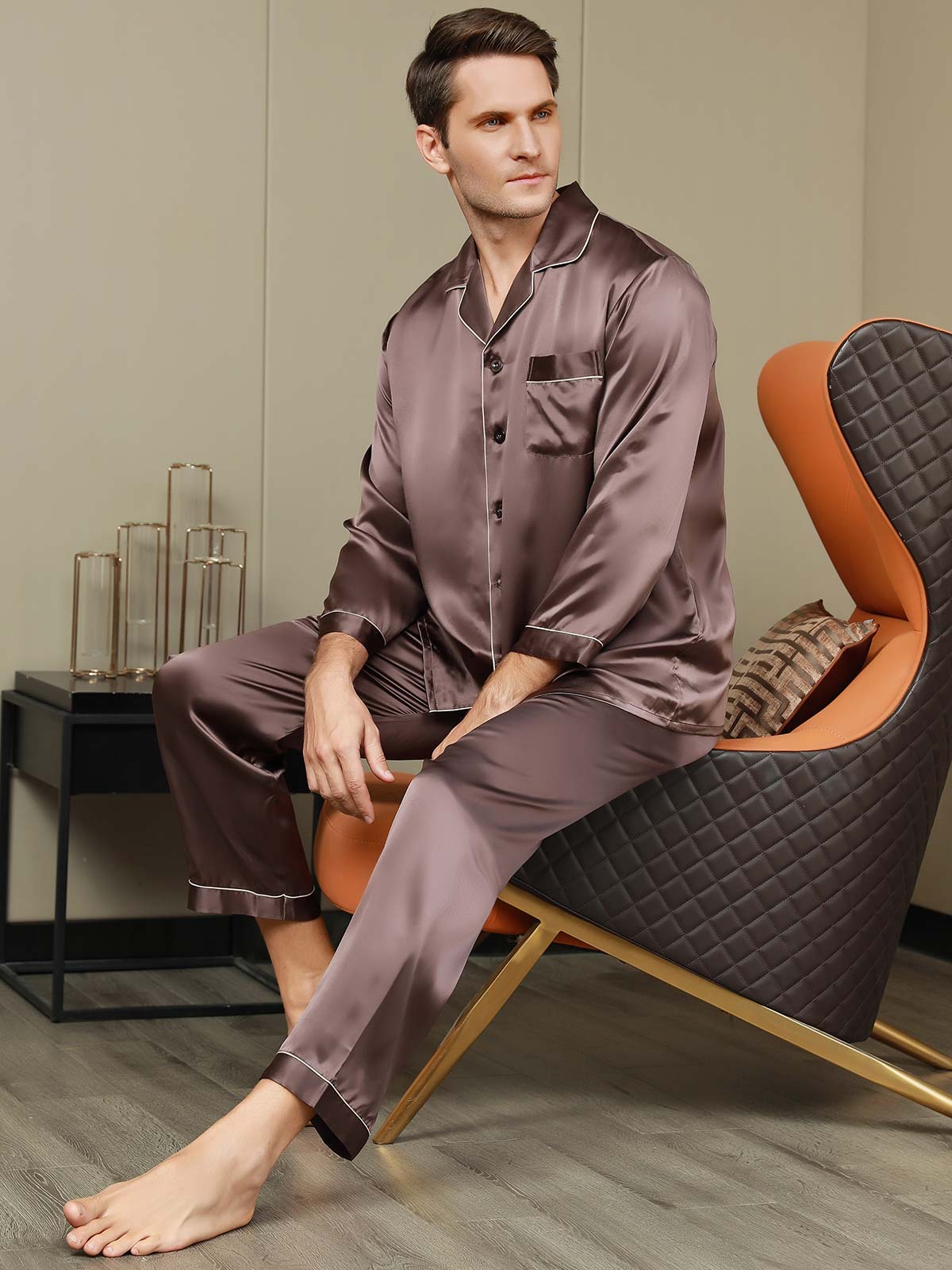 SilkSilky SA Silk Long Sleeve Mens Pajamas قهوة 005