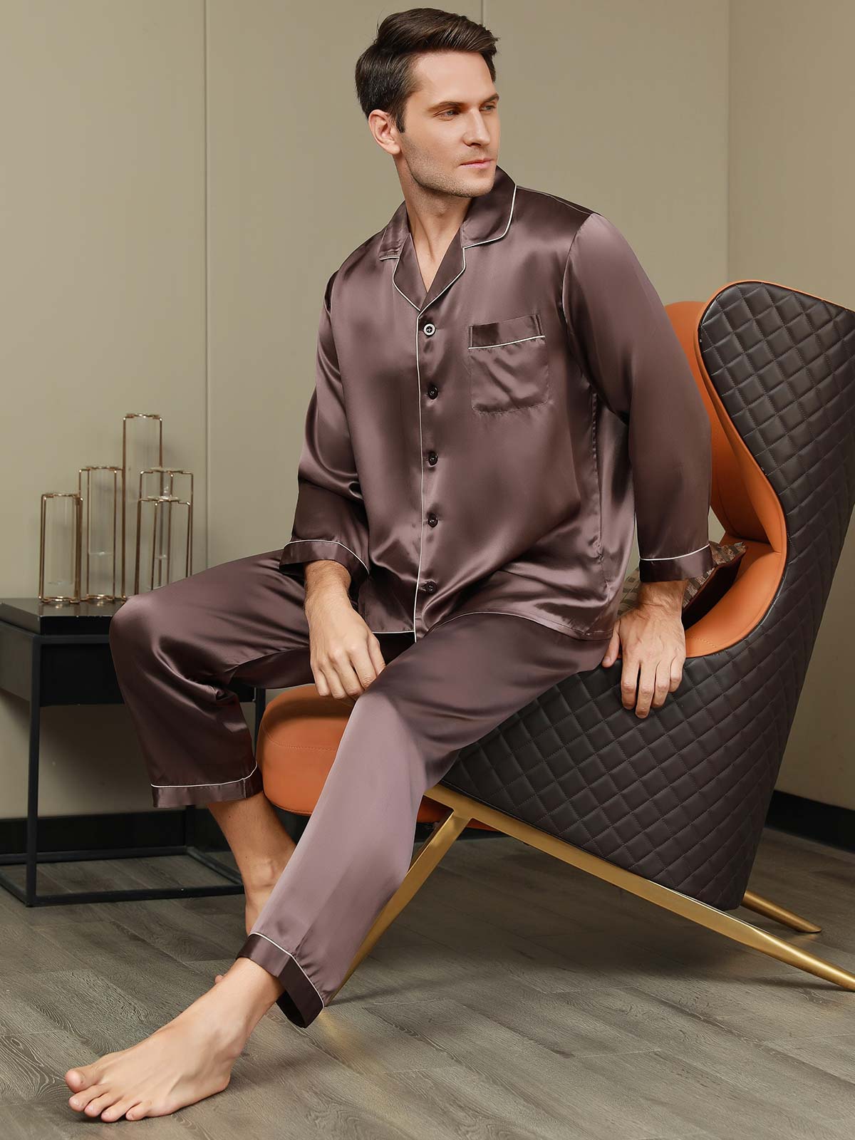 SilkSilky SA Silk Long Sleeve Mens Pajamas قهوة 006