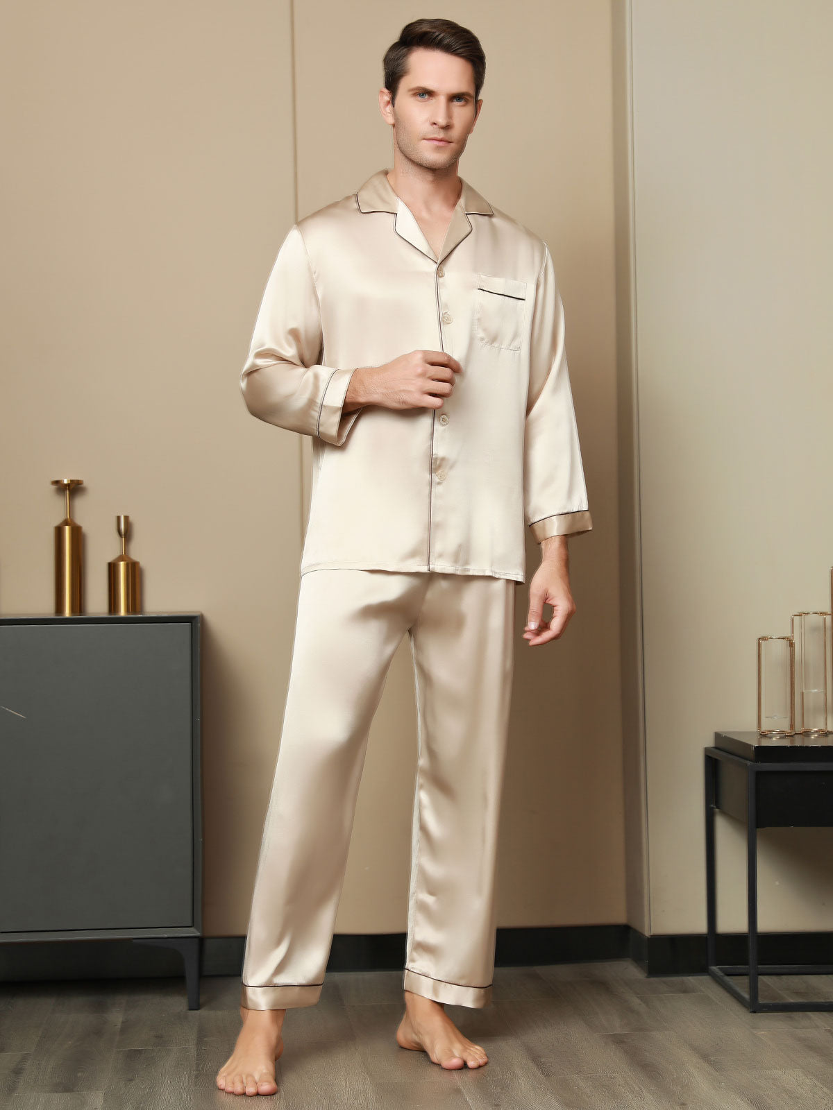 SilkSilky SA Silk Long Sleeve Mens Pajamas بنيفاتح 001