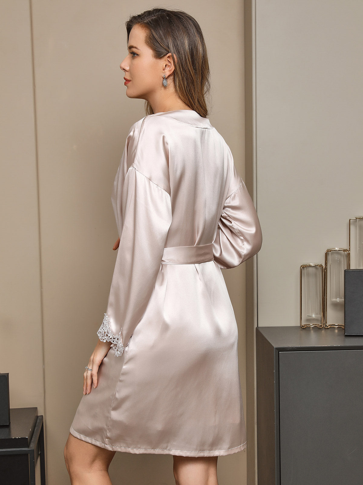 [اللونالبيج] SilkSilky-SA الحرير الخالص الأكمام الطويلة Nightgown&Robe Set 003