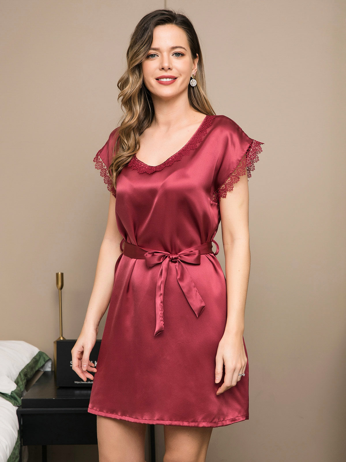 [خمر] SilkSilky-SA Pure Silk Short Sleeve Nightgown 003