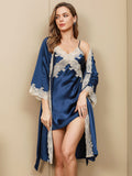 SilkSilky SA الحرير الخالص أكمام بثلاثة أرباع الأطوال Nightgown&Robe Set أزرق 005