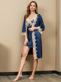 SilkSilky SA الحرير الخالص أكمام بثلاثة أرباع الأطوال Nightgown&Robe Set أزرق 002