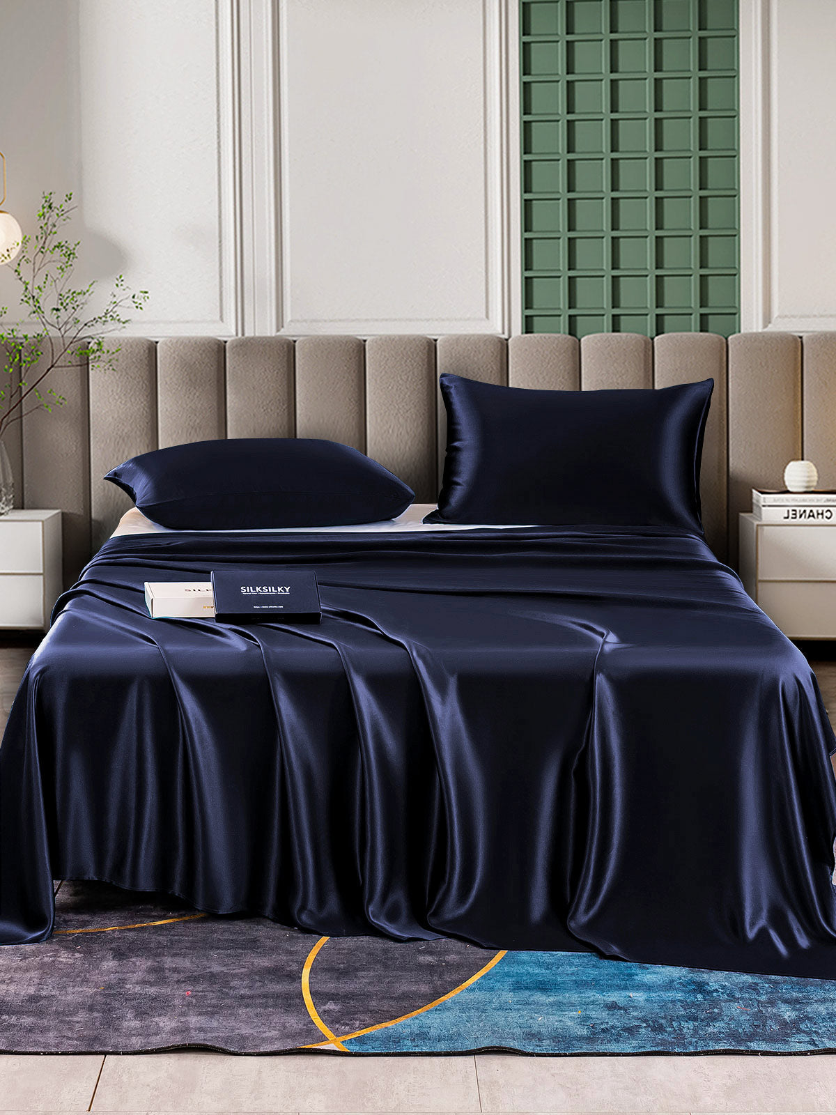 [أزرق غامق] SilkSilky-SA 25Momme الحرير الخالص Bedding Set 001