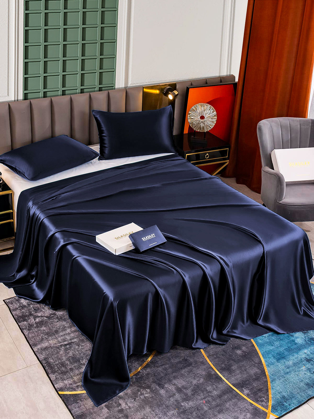 [أزرق غامق] SilkSilky-SA 25Momme الحرير الخالص Bedding Set 002