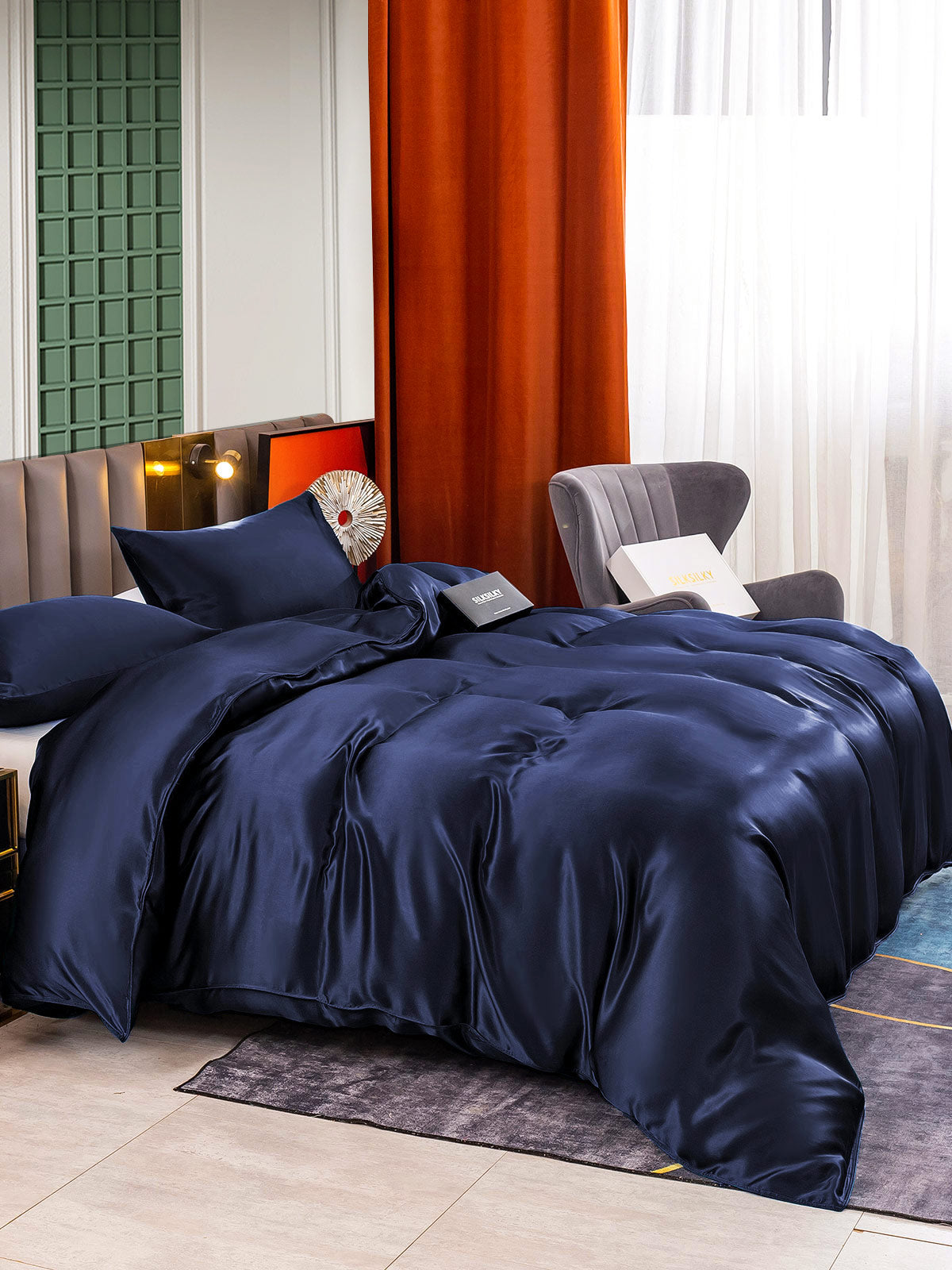 [أزرق غامق] SilkSilky-SA 25Momme الحرير الخالص Bedding Set 003