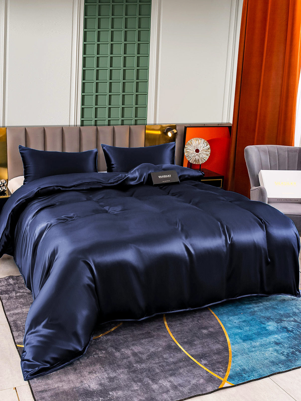 [أزرق غامق] SilkSilky-SA 25Momme الحرير الخالص Bedding Set 004