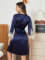 [أزرق غامق] SilkSilky-SA الحرير الخالص أكمام بثلاثة أرباع الأطوال Womens Robe 002