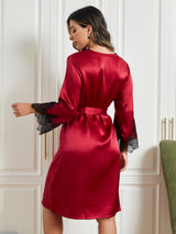 [احمر غامق] SilkSilky-SA الحرير الخالص أكمام بثلاثة أرباع الأطوال Womens Robe 002