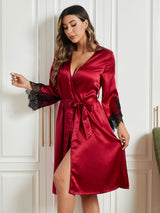 [احمر غامق] SilkSilky-SA الحرير الخالص أكمام بثلاثة أرباع الأطوال Womens Robe 004