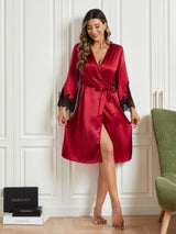 [احمر غامق] SilkSilky-SA الحرير الخالص أكمام بثلاثة أرباع الأطوال Womens Robe 005