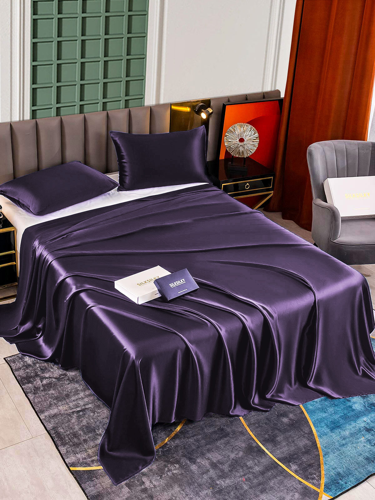 [الأرجواني الداكن] SilkSilky-SA 25Momme الحرير الخالص Bedding Set 002