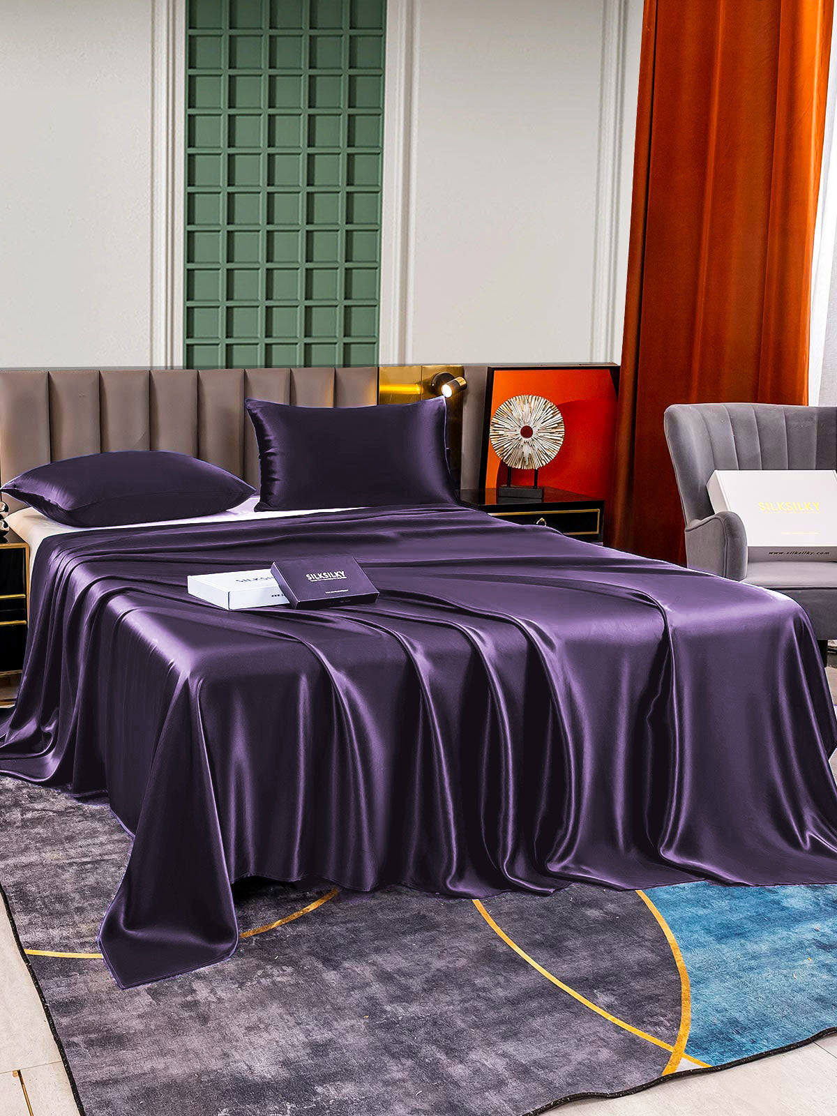[الأرجواني الداكن] SilkSilky-SA 25Momme الحرير الخالص Bedding Set 003