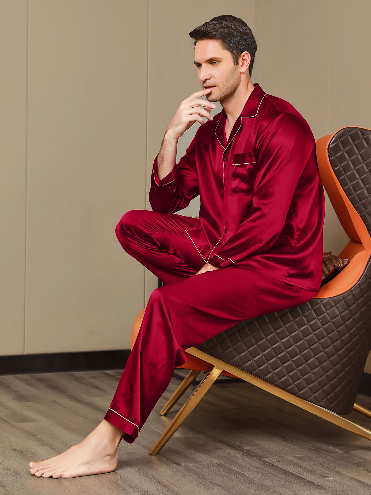 SilkSilky SA Silk Long Sleeve Mens Pajamas خمر 005