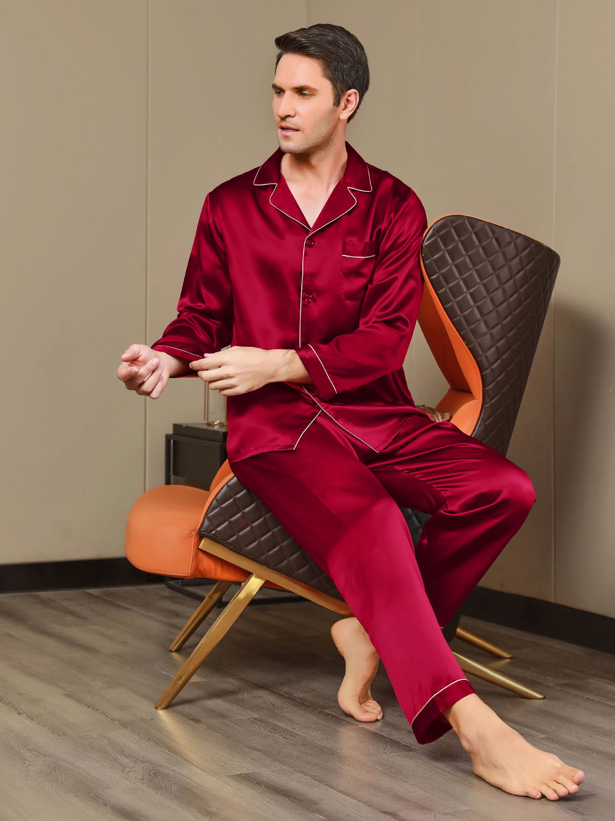 SilkSilky SA Silk Long Sleeve Mens Pajamas خمر 007