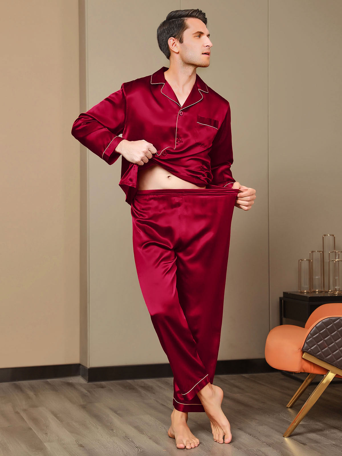 SilkSilky SA Silk Long Sleeve Mens Pajamas خمر 008