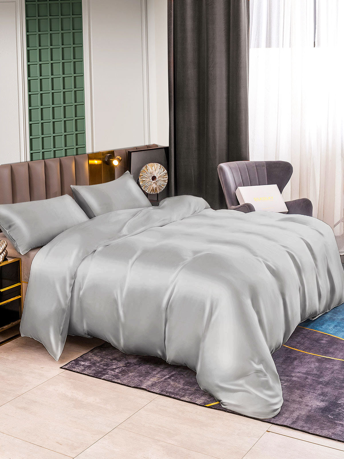 [فضة] SilkSilky-SA 25Momme الحرير الخالص Bedding Set 004