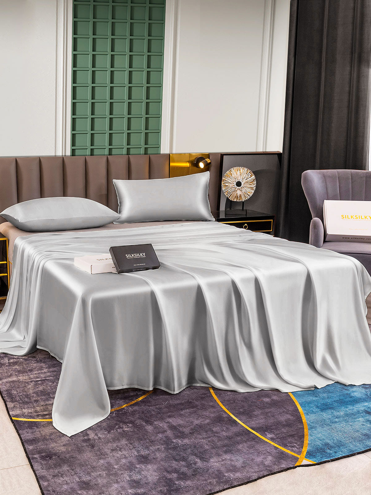 [فضة] SilkSilky-SA 25Momme الحرير الخالص Bedding Set 001