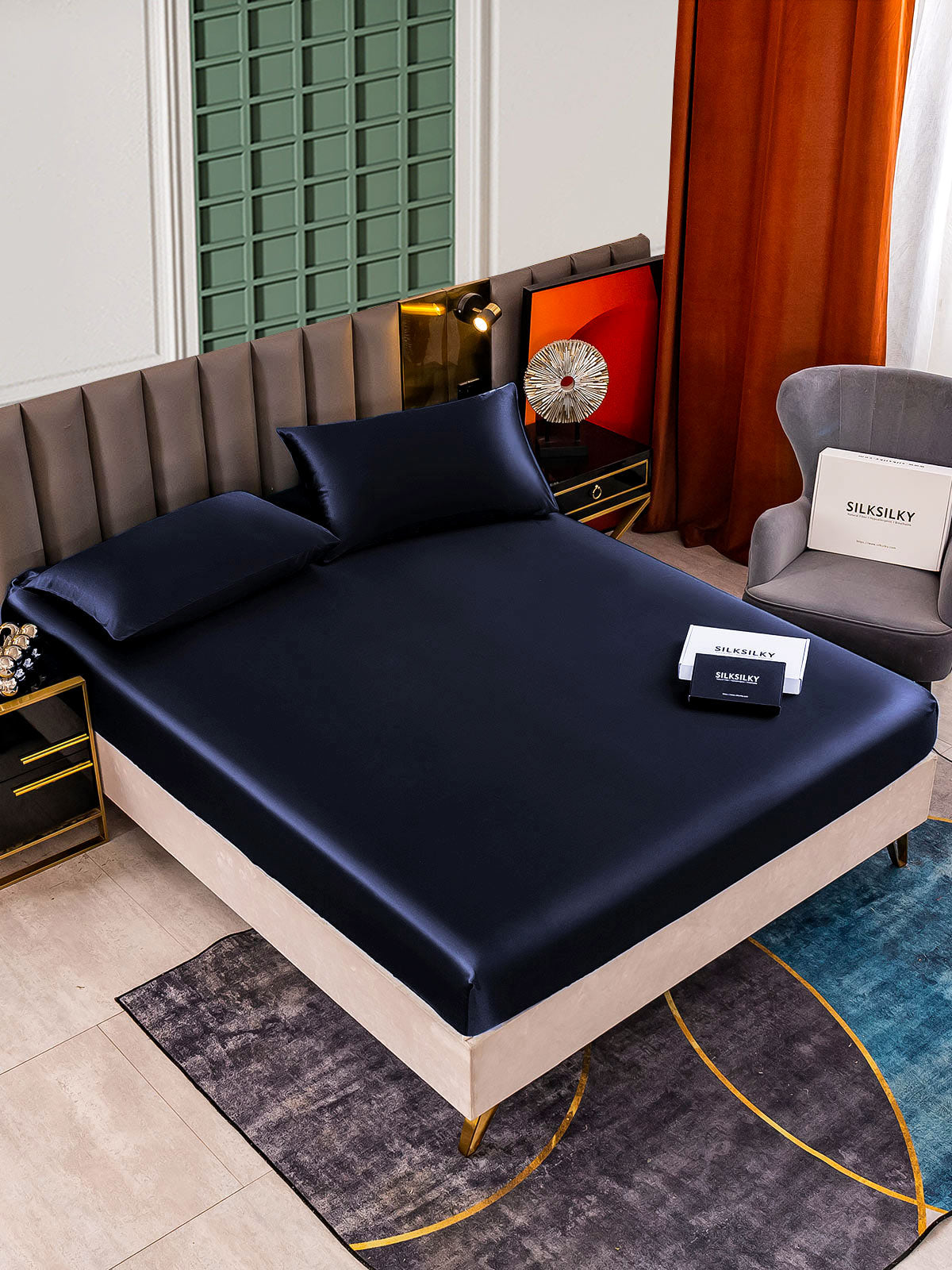 [أزرق غامق] SilkSilky-SA 25Momme الحرير الخالص Bedding Set 001