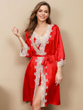 SilkSilky SA الحرير الخالص أكمام بثلاثة أرباع الأطوال Nightgown&Robe Set أحمر 004